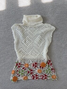 Crochet Turtleneck Top with Floral Hem